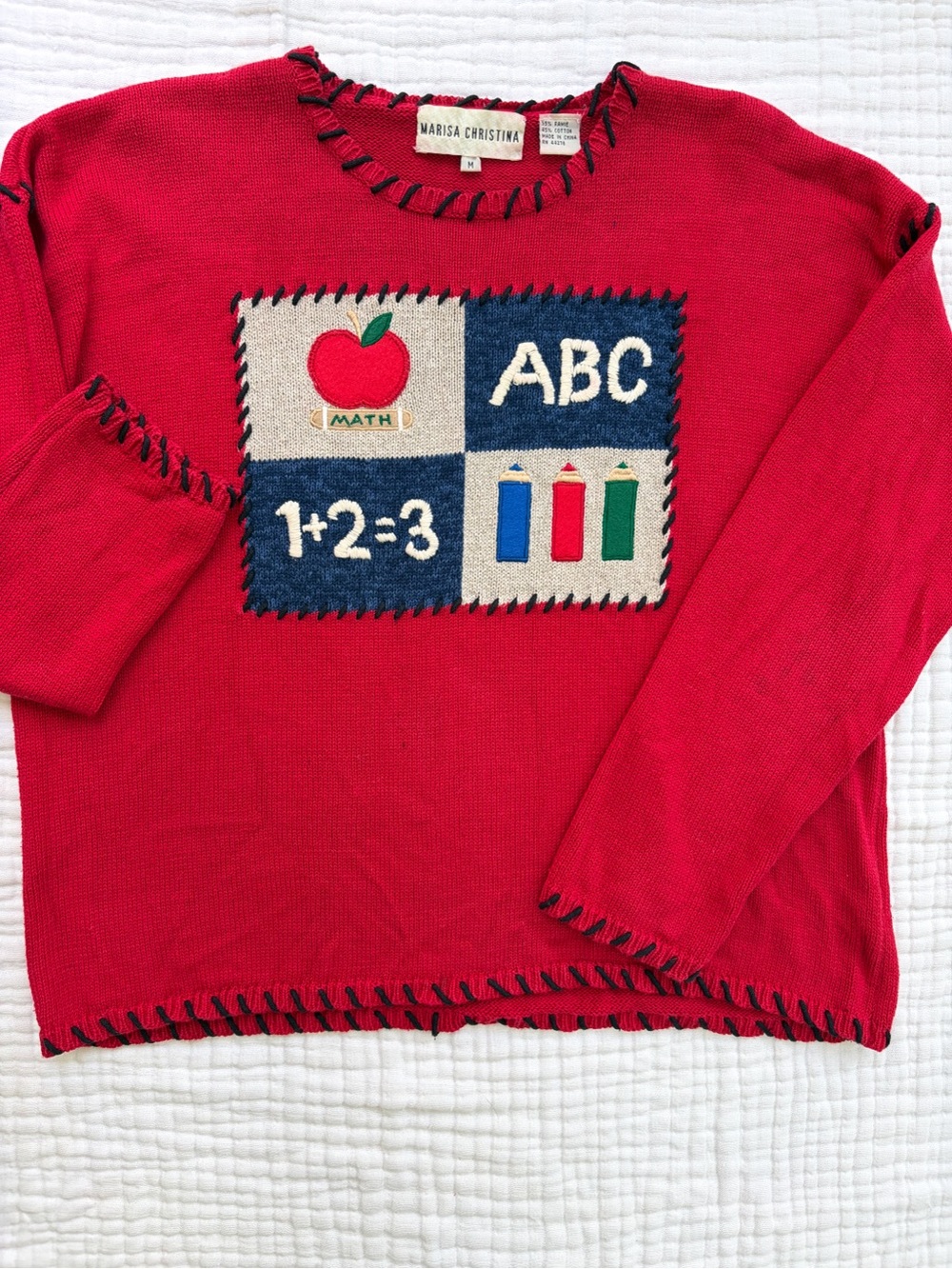 Marisa Christina Vintage Teacher Sweater Red ABC Apple Knit Top M